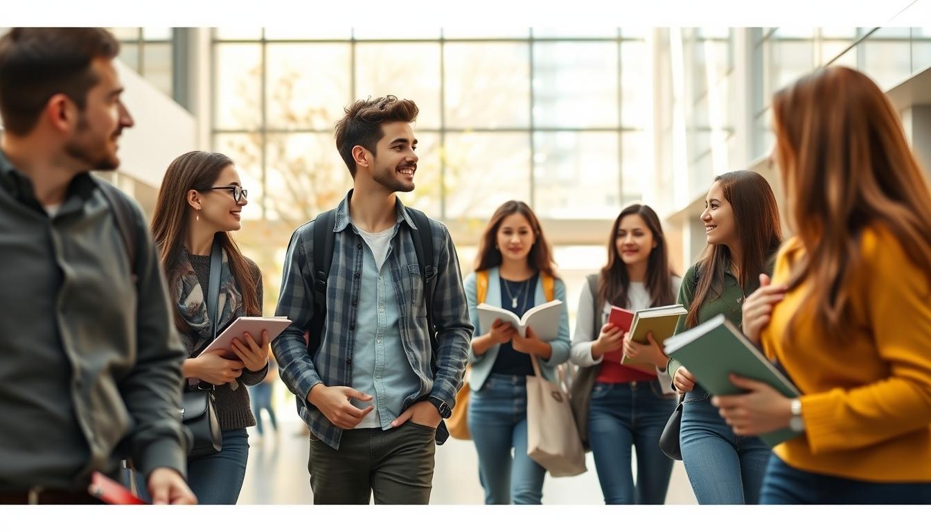 Students studying together in modern classroom